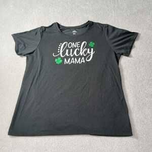 Womens XL 16/18 One Lucky Mama Green Shamrock Black T-Shirt St Patrick's Day